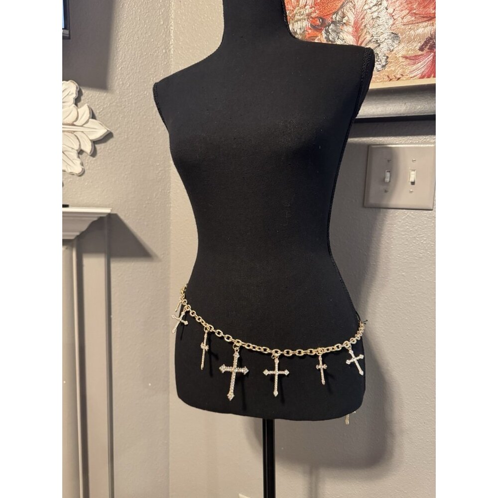 NOIR Belt Long Rope Link Chain CZ Cross Goldtone Adjustable XL Extra Large NEW - Picture 3 of 13
